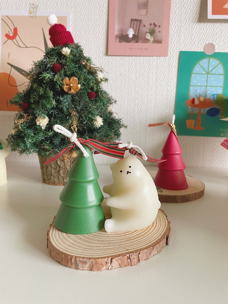 【聖誕禮盒】聖誕樹+熊熊香氛蠟燭木片底座禮盒+客製聖誕明信片 - 香薰/精油/線香 - 蠟 多色