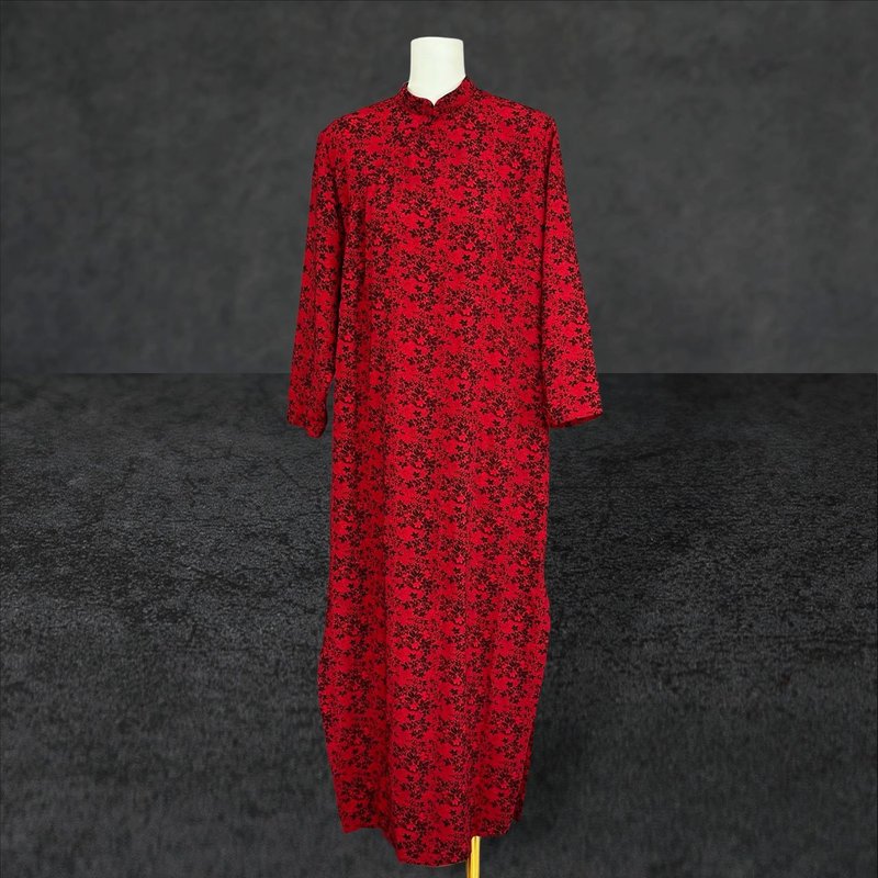 二手 暗紅黑 印花 輕薄 古董訂製 長袖 旗袍 PF522 - 洋裝/連身裙 - 聚酯纖維 紅色