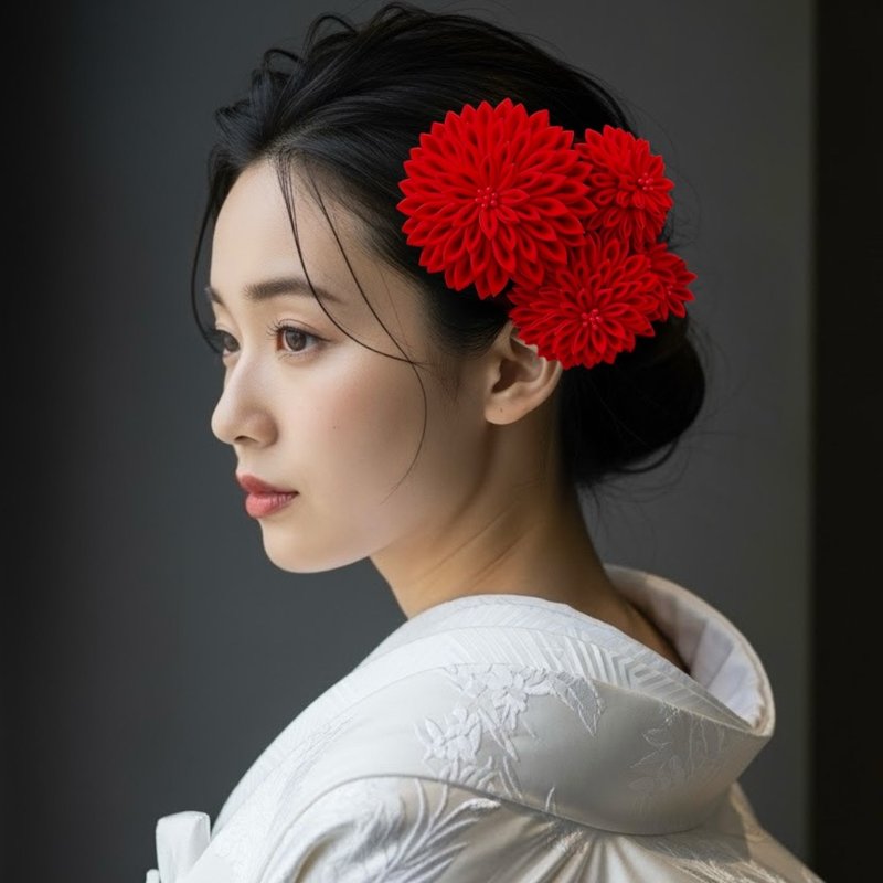 深紅手工摘み細工髮飾套組 – 優雅自信 - 髮夾/髮圈 - 絲．絹 紅色