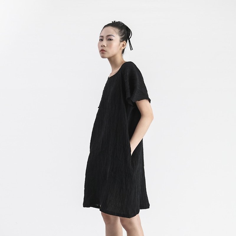 【Made-to-order】Folding Black Dress - One Piece Dresses - Cotton & Hemp Black