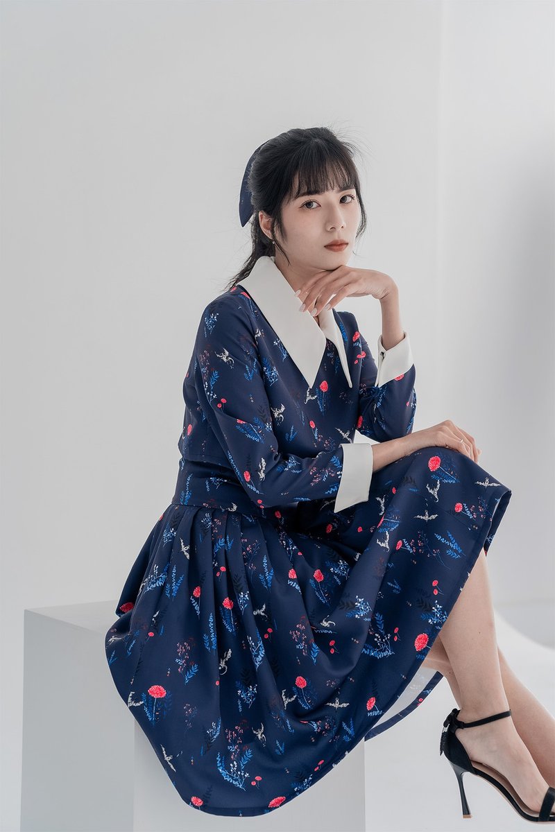 【LADY】College style faux two piece dress British Wallace Little Flying Dragon - ชุดเดรส - ผ้าฝ้าย/ผ้าลินิน สีน้ำเงิน
