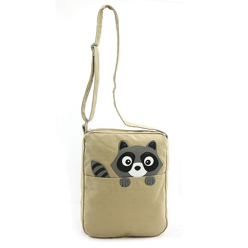 Sleepyville Critters - Peeking Raccoon Messenger Bag in Canvas Material - กระเป๋าแมสเซนเจอร์ - ผ้าฝ้าย/ผ้าลินิน สีกากี