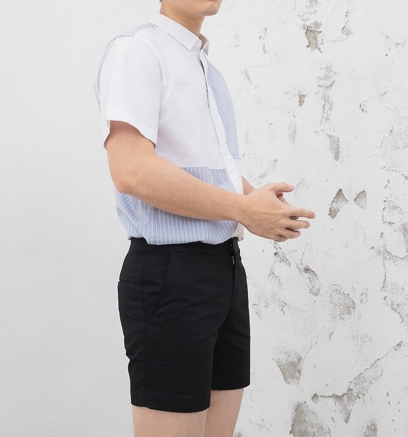 Blue - Striped classic short sleeves shirt - เสื้อเชิ้ตผู้ชาย - ผ้าฝ้าย/ผ้าลินิน ขาว