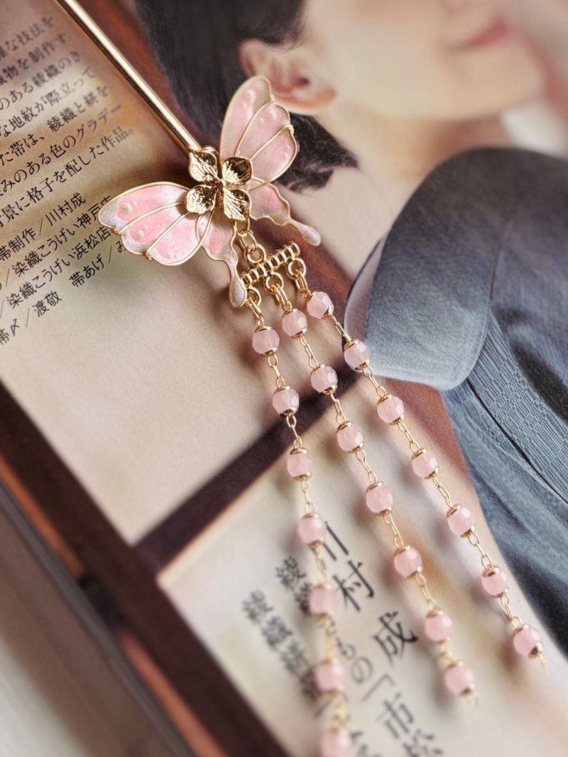 粉紅粉蝶珠簾髮簪 一隻販售 - 髮夾/髮圈 - 樹脂 粉紅色