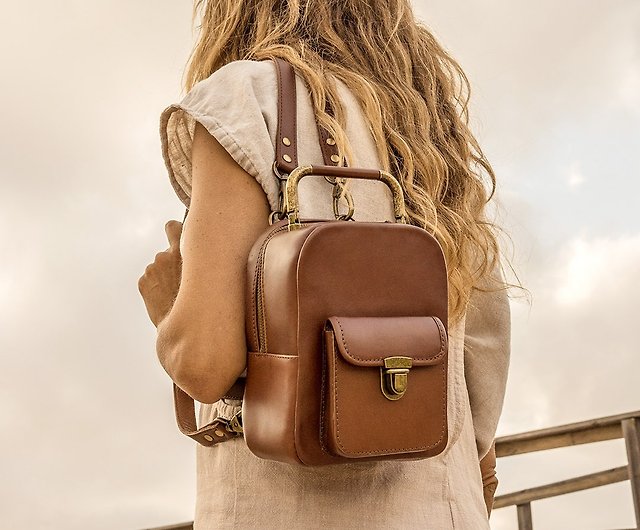 YOYO Caramel Color Leather Zipper Backpack/Shoulder Bag - Shop 