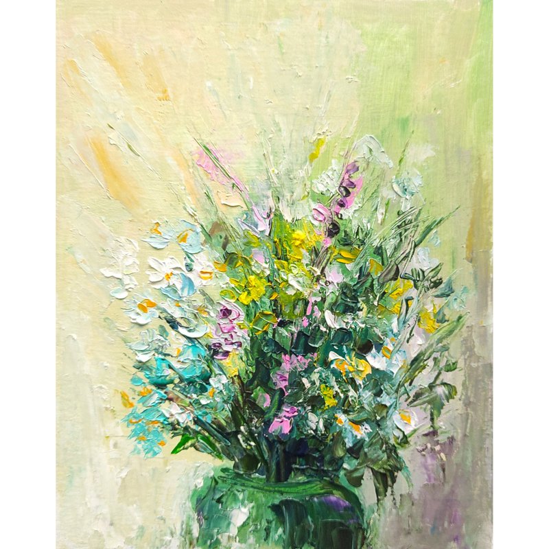 Herbs Bouquet Original Oil Painting Flower Art Floral Impasto Artwork 手工油畫 油畫原作 - โปสเตอร์ - วัสดุอื่นๆ หลากหลายสี