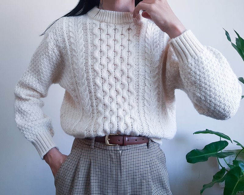 20 世紀 70 年代羊毛漁夫愛爾蘭阿蘭毛衣粗針織毛衣英國製造 - 女毛衣/針織衫 - 羊毛 白色