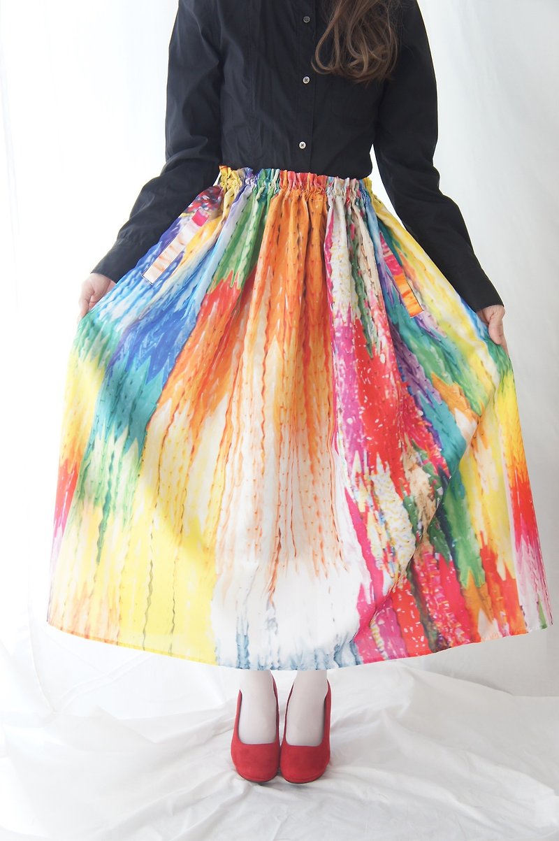 Rainbow千羽鶴プリントスカート / A thousand paper cranes print skirt - スカート - ポリエステル イエロー