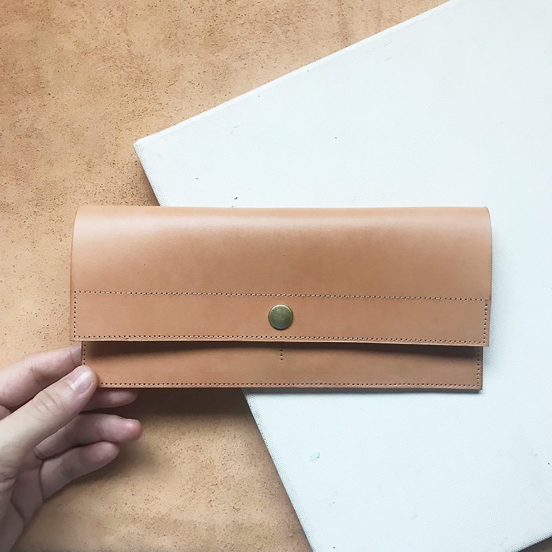 Leather long clip _ ultra-thin minimalist 4 card layers _ double banknote layer (can be placed change) _ Brown - Wallets - Genuine Leather Orange