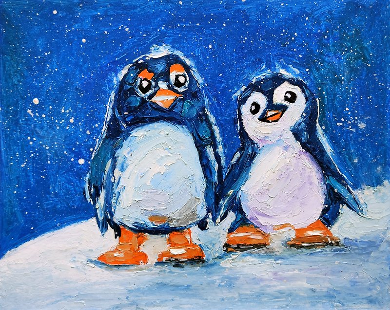 カップルペンギンオリジナル絵画鳥の壁アート動物のアートワーク小さなアート、手工油畫