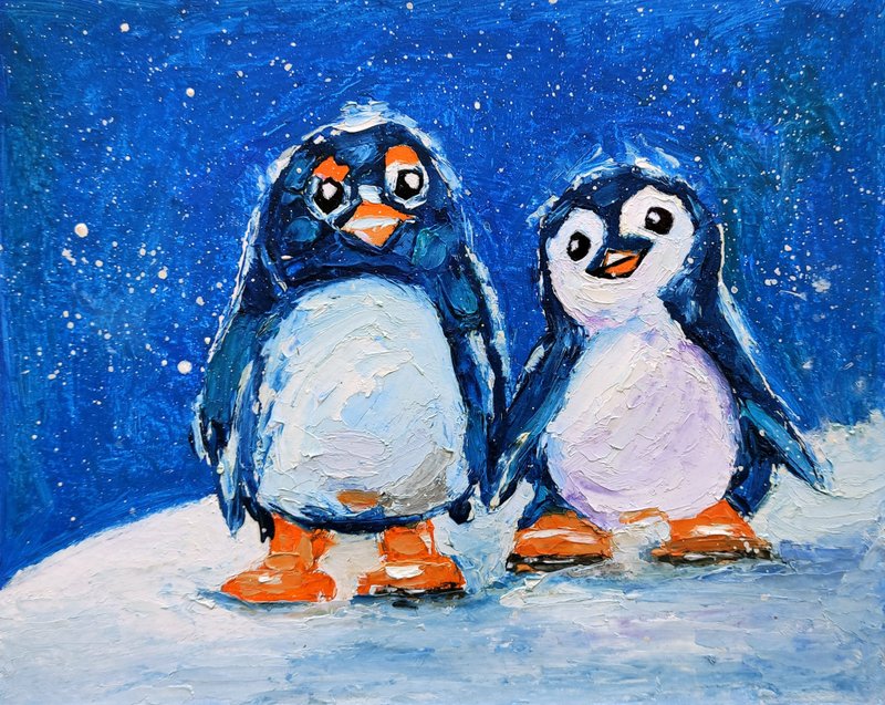 Couple Penguins Original Painting Bird Wall Art Animal Artwork Small Art, 手工油畫 - 海報/掛畫/掛布 - 其他材質 多色