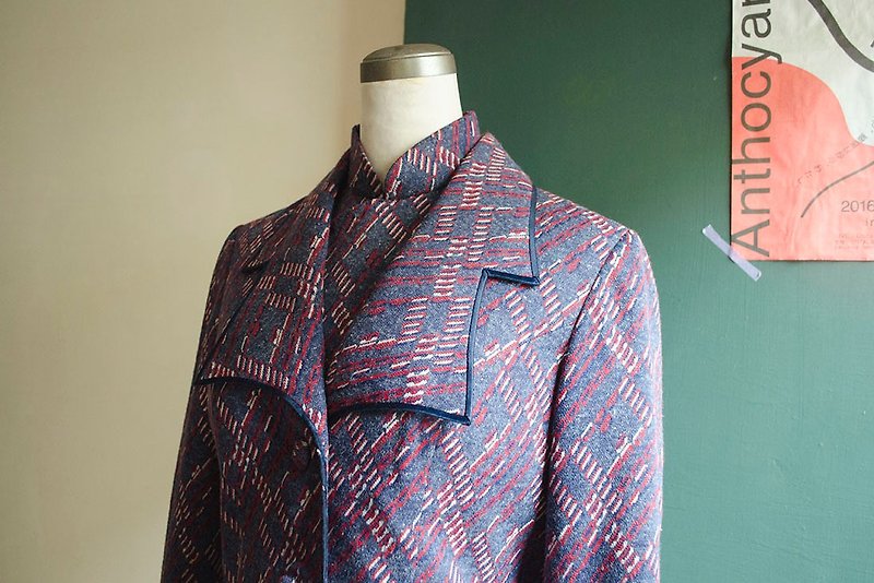 Gray-red wool oblique diamond piping lapel Shanghai handmade antique suit jacket | vintage Guan Er vintage - เสื้อสูท/เสื้อคลุมยาว - ขนแกะ 