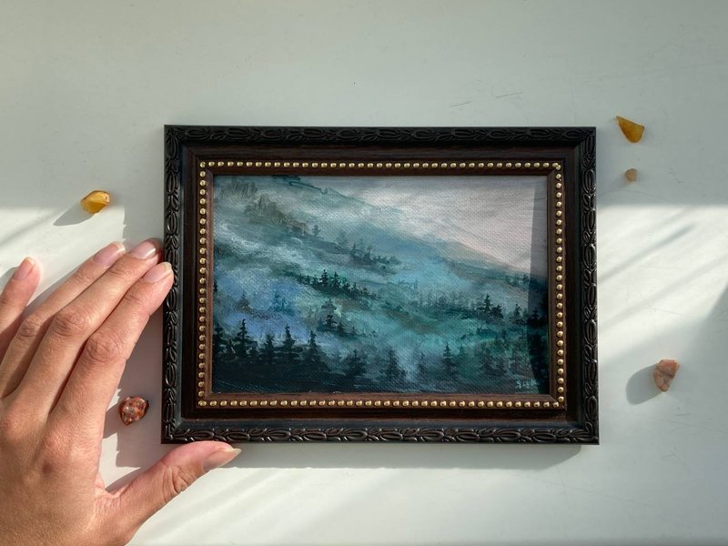 山水画 Landscape Painting Foggy Mountains Framed Painting 雾画 相框作为礼物 - โปสเตอร์ - ผ้าฝ้าย/ผ้าลินิน สีเทา