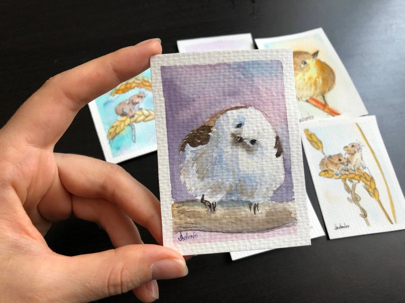 Chickadee Painting Bird Original Art Tiny Bird Watercolor ACEO Sparrow Artwork - 海報/掛畫/掛布 - 紙 紫色