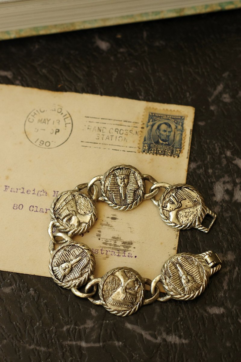 古董Vintage銀色埃及法老王人頭圓形手鍊手鐲手環 br16 - 手鍊/手鐲 - 其他金屬 銀色