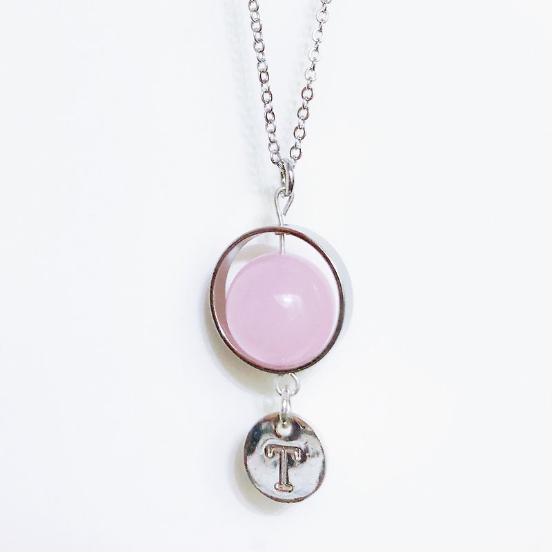 Initial A to Z  Pink Natural Stone Ball Necklace Birthday Gift Bridesmaid - Necklaces - Other Metals Pink
