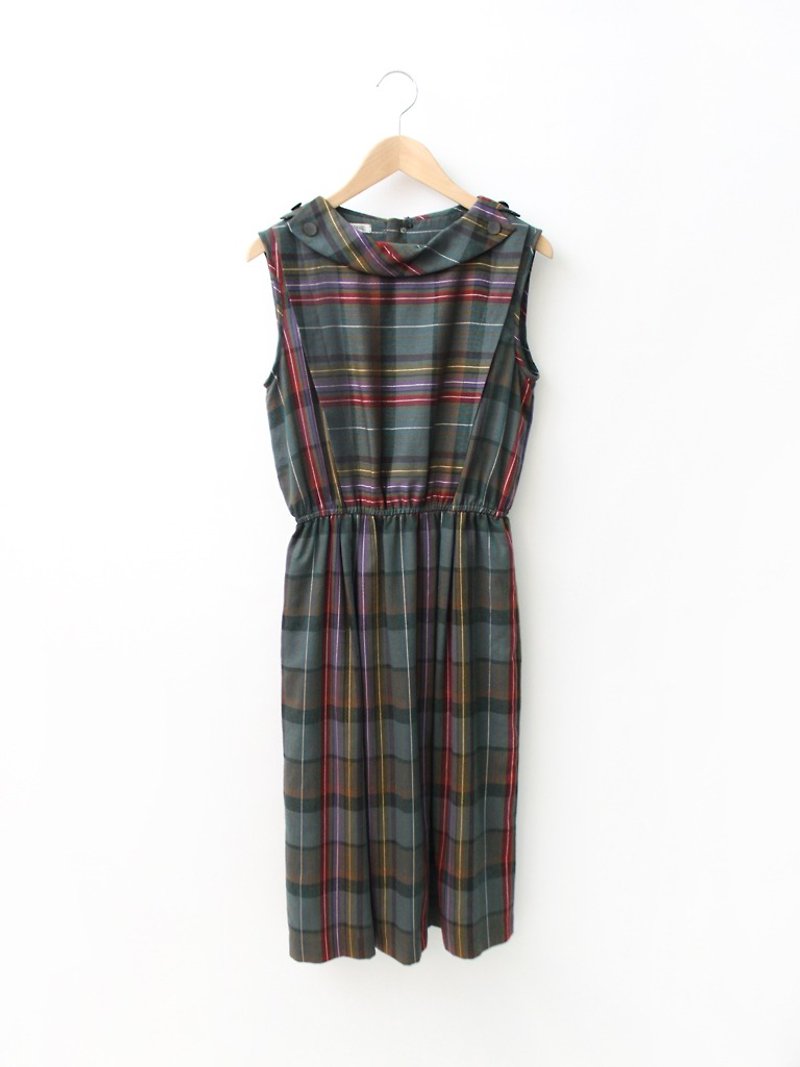 Japanese-made retro dark lattice back button sleeveless vintage dress Vintage Dress - ชุดเดรส - เส้นใยสังเคราะห์ สีเขียว