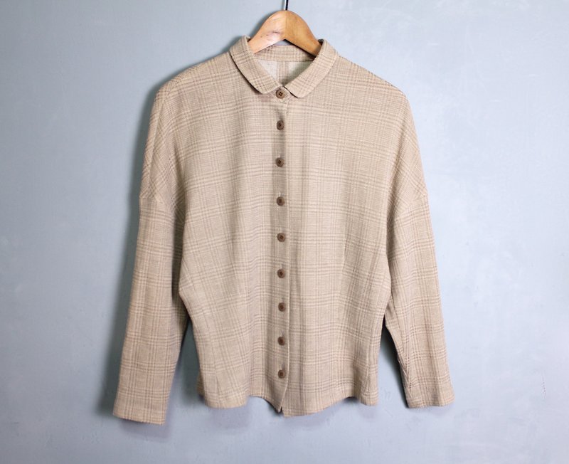 FOAK vintage Japanese khaki houndstooth shirt - เสื้อเชิ้ตผู้หญิง - ผ้าฝ้าย/ผ้าลินิน 