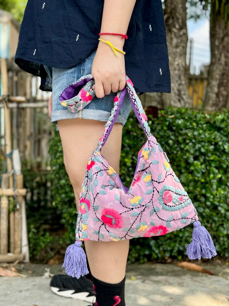 Hand embroidered pink and purple floral cross-body bag shoulder bag cross-body bag shoulder bag side shoulder bag - Messenger Bags & Sling Bags - Silk Pink