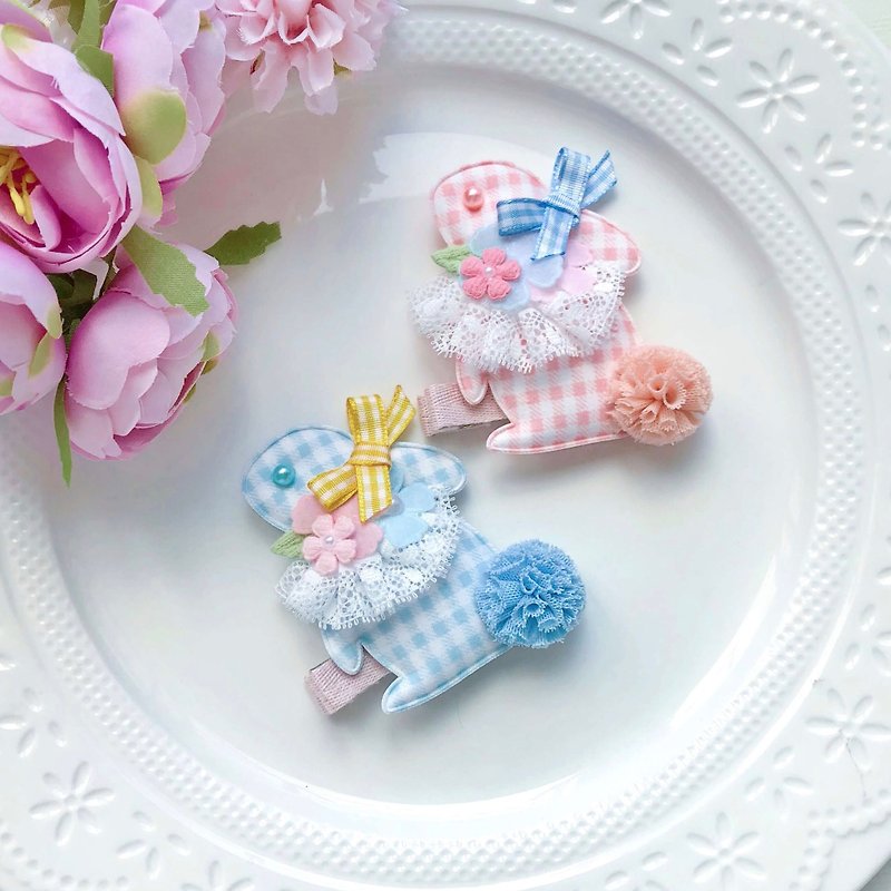 格紋格子兔子蕾絲小花布貼紗球浪漫夢幻髮夾 - 嬰兒飾品 - 其他材質 多色