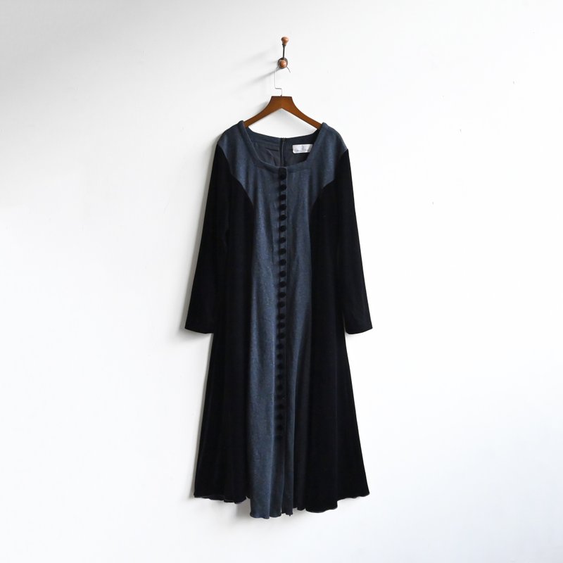 [Egg Plant Vintage] Moon halo knitted velvet patchwork long version vintage dress - One Piece Dresses - Other Man-Made Fibers 