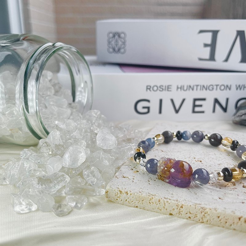 紫幽靈貔貅 開運手鍊 招財水晶 堇青石 藍晶石 黃水晶 黑瑪瑙 - 手鍊/手環 - 水晶 多色