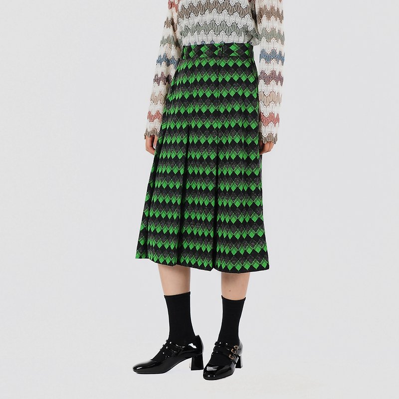 [Egg plant vintage] Green color window grille knit suede high waist vintage dress - Skirts - Other Man-Made Fibers Green