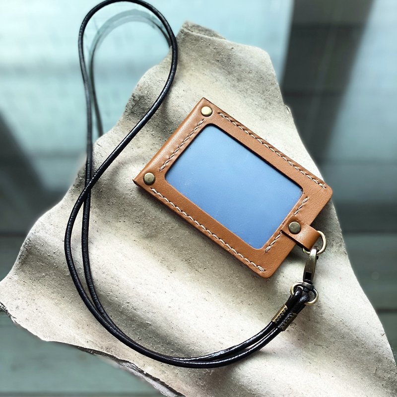 Genuine leather hand-sewn simple straight ID card holder - Brown(freshman workplace graduation gift) - ที่ใส่บัตรคล้องคอ - หนังแท้ สีส้ม
