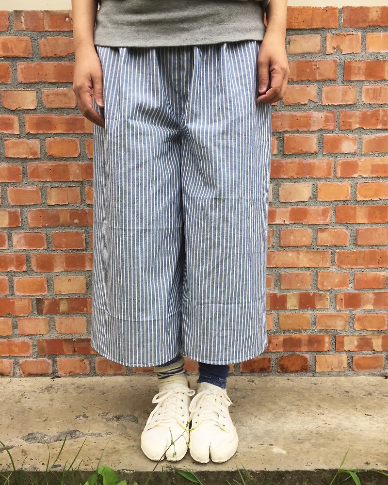 Additional limited natural hand-made clothes cotton stripe elastic wide tube eight comfortable wide pants - กางเกงขายาว - ผ้าฝ้าย/ผ้าลินิน สีน้ำเงิน