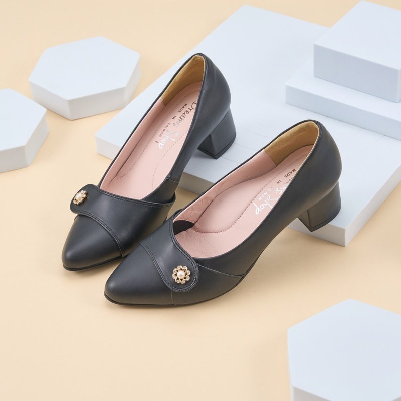 Thumb valgus_Pearl diamond pointed toe air cushion low heels black - High Heels - Genuine Leather Black