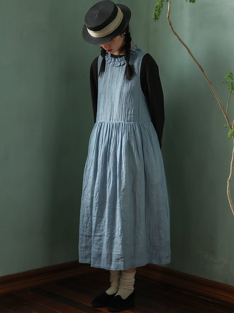 Vintage Blue Lace Textured Pleated Ramie Tie-Dye Sleeveless Dress - ชุดเดรส - ผ้าฝ้าย/ผ้าลินิน หลากหลายสี