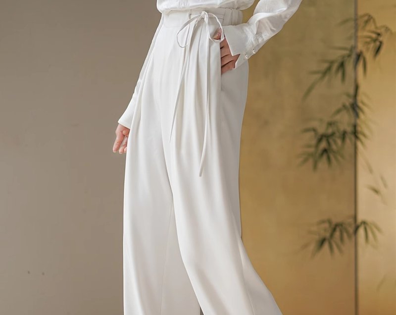 新中式中國風 慵懶氣質百搭直筒拖地褲 - 女長褲 - 其他材質 白色