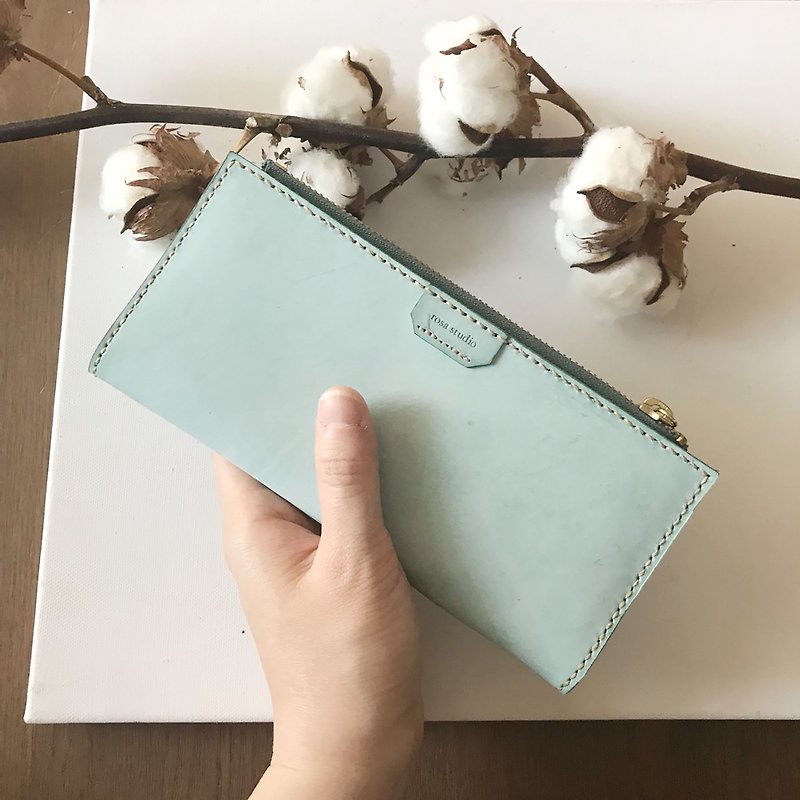 Leather long clip _8 card layer _2 banknote layer _ change bag _ waxy mint green - Clutch Bags - Genuine Leather Green