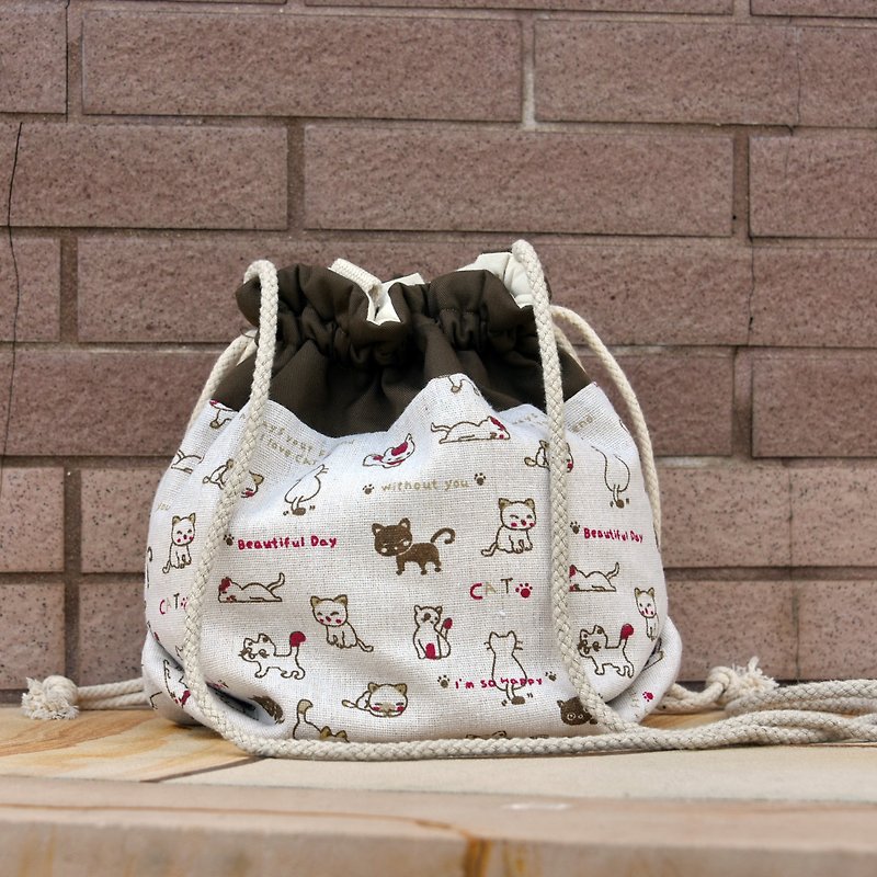 Three-in-one shoulder/cross-body/hand-held bucket bag ~ Little Kitten (A83) RS - Messenger Bags & Sling Bags - Cotton & Hemp Brown