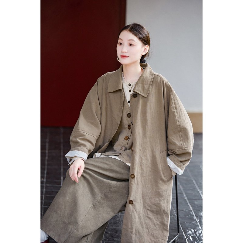 沙塵色復古巴爾瑪肯中長款風衣 - 女西裝外套 - 棉．麻 