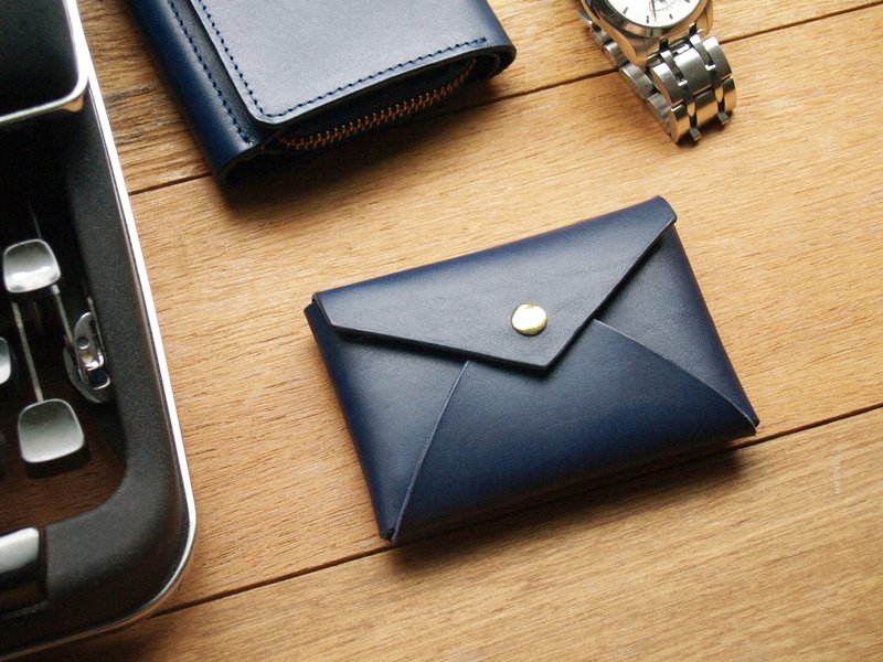 As Gift - Leather Coin Case / Card Case ( Custom Name ) - Navy Blue - กระเป๋าใส่เหรียญ - หนังแท้ สีน้ำเงิน