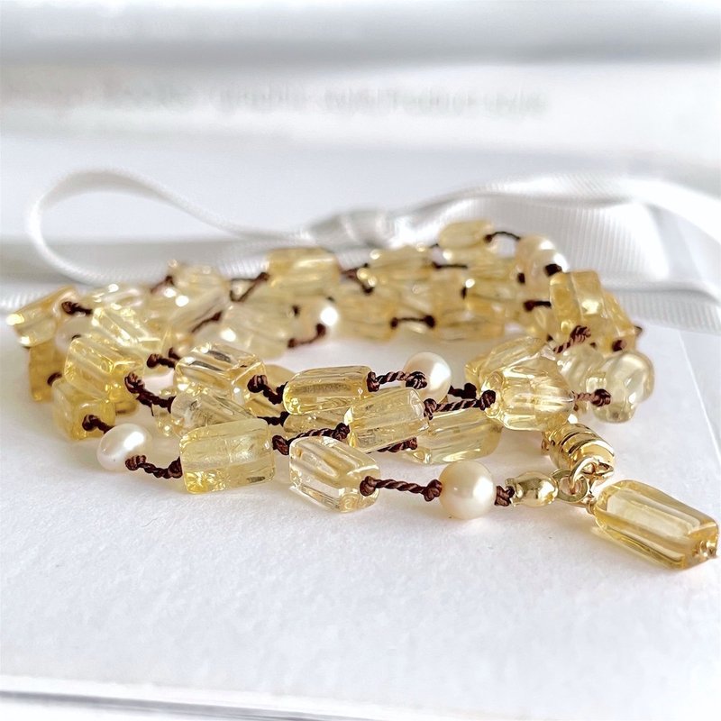 Rectangular citrine topaz and freshwater pearl long necklace - สร้อยคอยาว - หิน สีนำ้ตาล