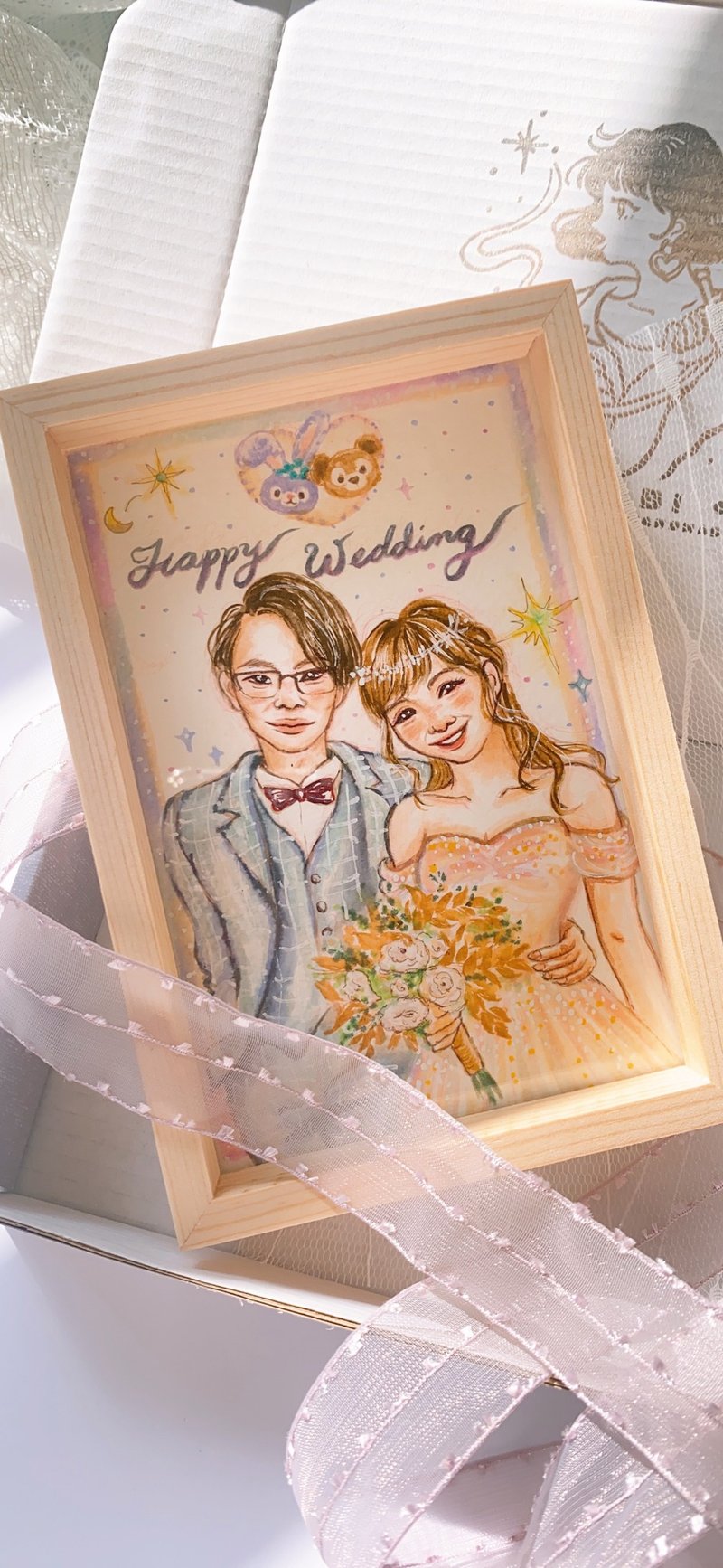 Double hand-painted portrait wooden frame painting/customized like-face painting/portrait/illustration/hand-painted/wedding gift/protra - Customized Portraits - Paper Multicolor