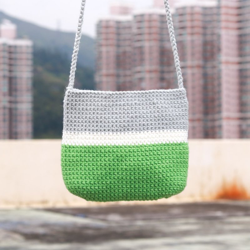 日常斜揹鉤織編織包 - 綠白灰拼色 - 側背包/斜背包 - 棉．麻 灰色