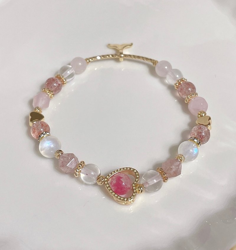 Love/Rhodonite/Strawberry Quartz/Pink Quartz/Moonstone/Mermaid Tail/14K color-preserving elastic bracelet - Bracelets - Other Metals White