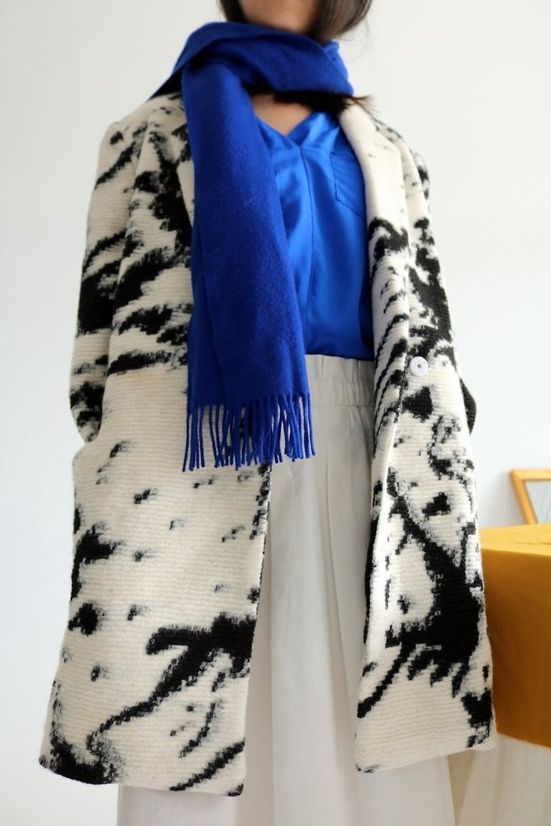 Encre Coat 黑+白斜紋水墨紋西裝式羊毛大衣 - 女大衣/外套 - 羊毛 白色