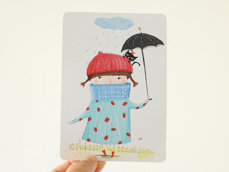 少女雨の日のはがきはがきIレナと森林の友人 - カード・はがき - 紙 ブルー