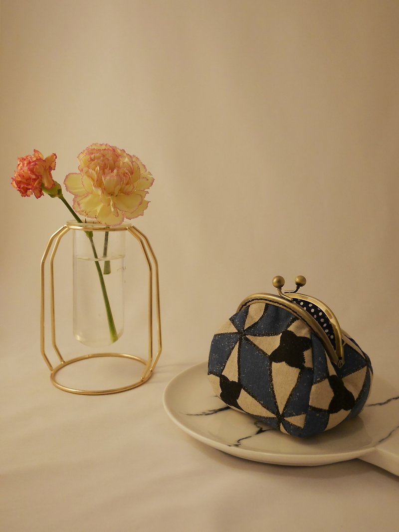 French simple lattice diamond gold coin purse - กระเป๋าสตางค์ - ผ้าฝ้าย/ผ้าลินิน สีน้ำเงิน