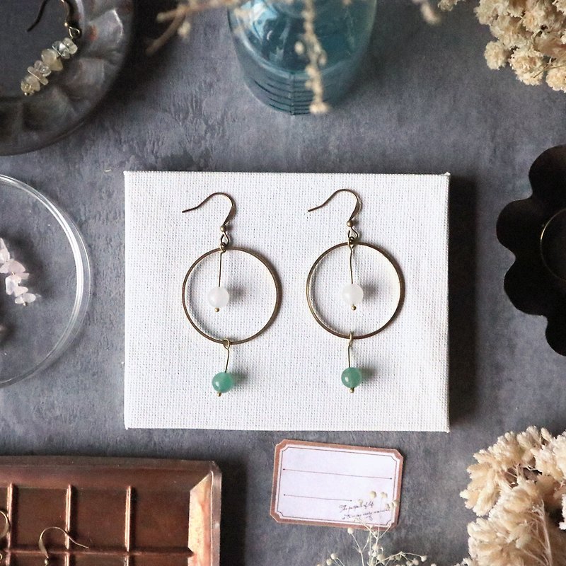 Geometric Simple Brass Series - Enron Green Dongling White Jade - Earrings & Clip-ons - Copper & Brass Green