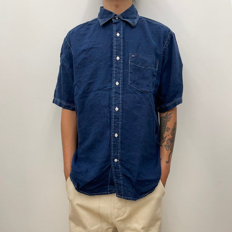 Tommy Hilfiger 牛仔 短袖襯衫 電繡 古著 二手 - 男襯衫/休閒襯衫 - 棉．麻 藍色