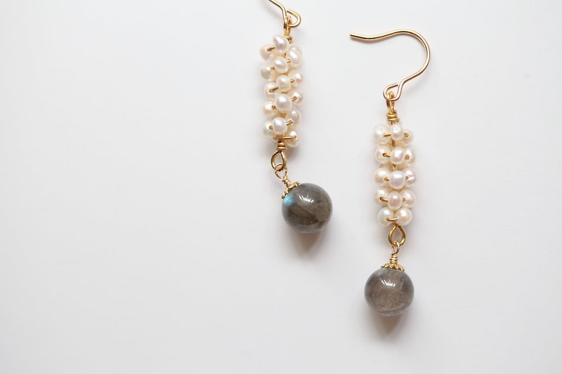 Pearl Spectrum Stone(Labradorite) Earrings│14kgf Natural Stone with Clip-on Birthday Gift - ต่างหู - ไข่มุก สีเทา