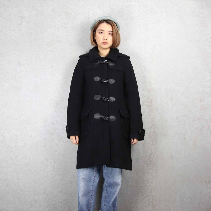 Tsubasa.Y Antique House A11 Black Embossed Double-Sided Velvet Button Coat, Duff Coat Jacket - Women's Casual & Functional Jackets - Polyester Black