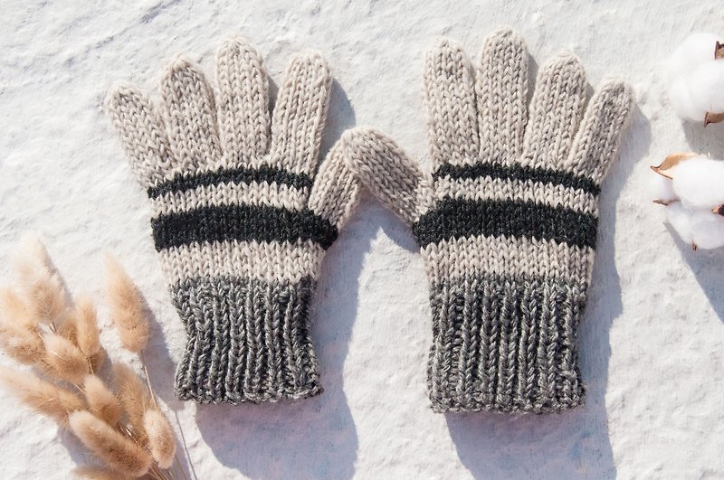 Hand-woven wool knit gloves / knit pure wool warm gloves / full toe gloves - simple striped beige - ถุงมือ - ขนแกะ สีเทา