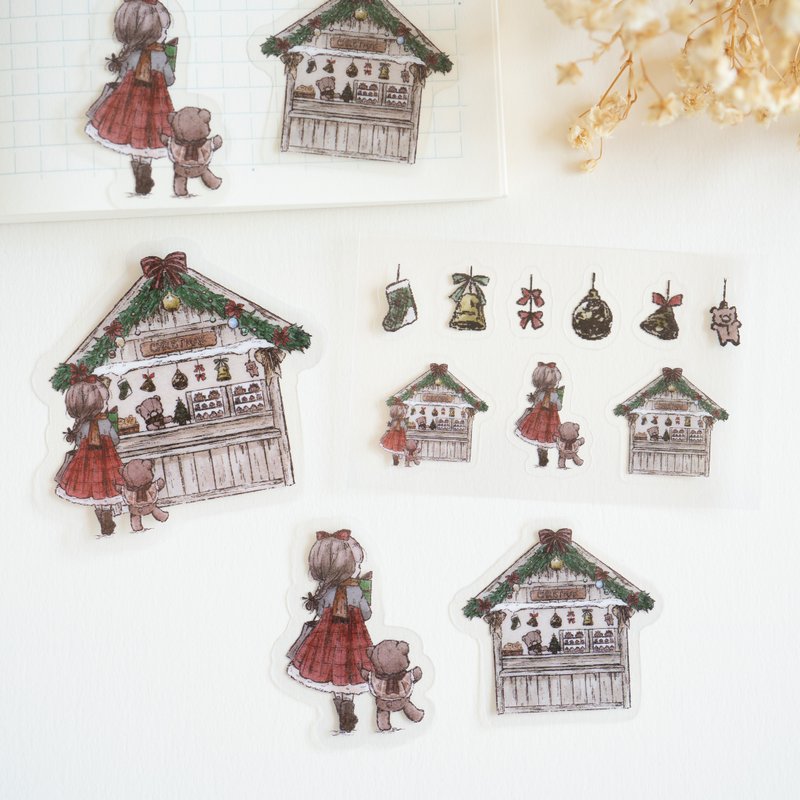 Flake Sticker & Sheet Sticker Set Clear Type - Christmas Market (Girl and Bear) - สติกเกอร์ - กระดาษ สีเขียว