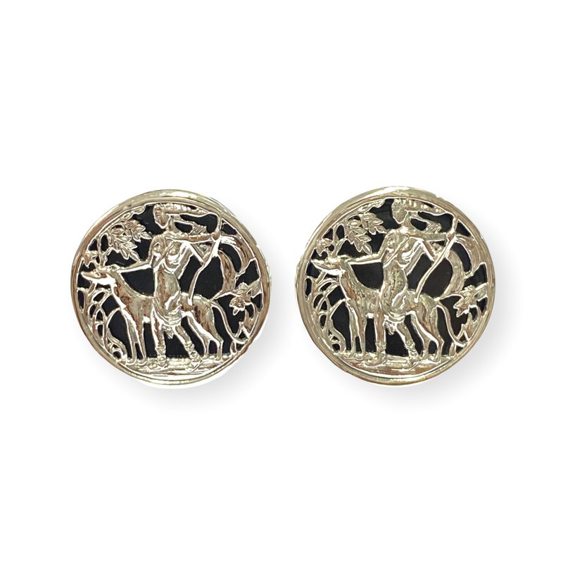 Antique Style Archer Deer Onyx Wedding Cufflinks For Groom 925 Sterling Silver - 袖扣 - 純銀 黑色